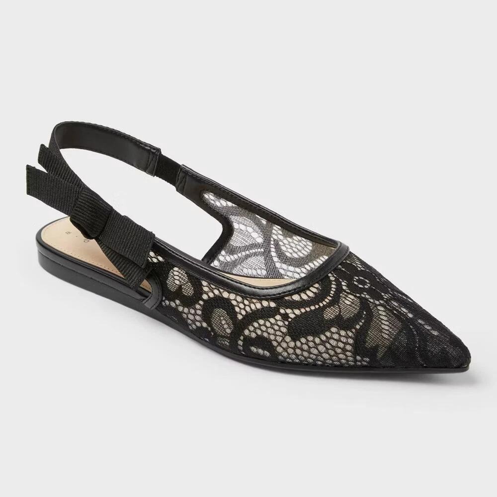 Women London Lace Sling Back Bow Flats - A New Day - Black 9.5